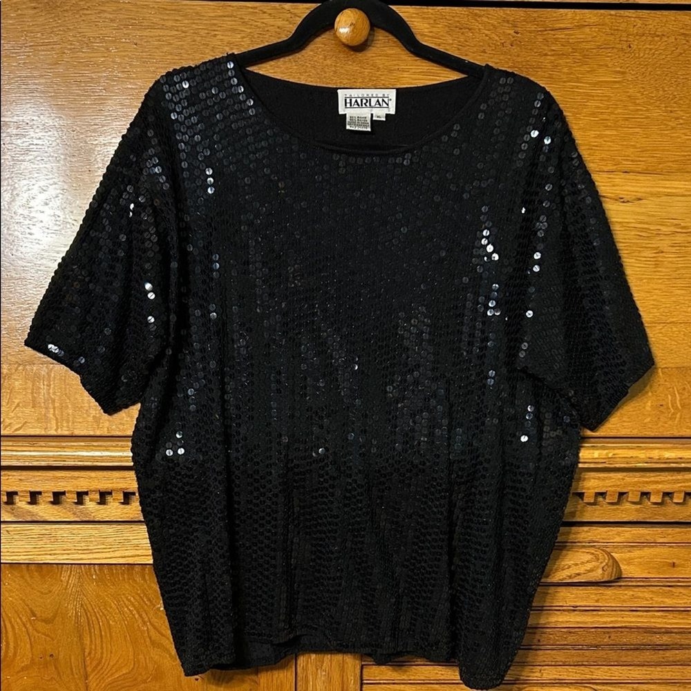 Modern Streetwear Glam Vintage Black Sequin Knit Top Short Sleeve Party Blouse